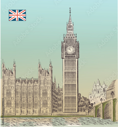 Retro vector Big Ben. Engraving