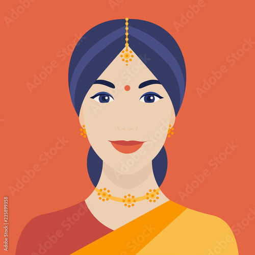 Portrait of Indian woman in a sari. Female face. Girl's head. Avatar. Vector flat illustration