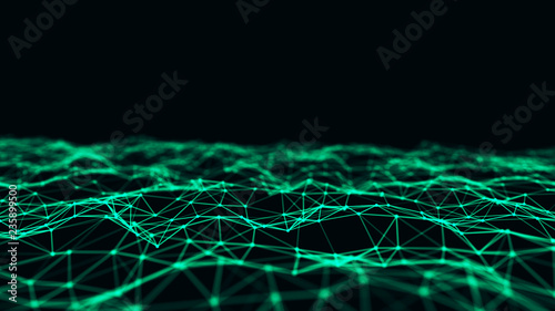 Abstract interweaving of points and lines of green shade. Visualization of particles form of waves. Large data background .3d rendering.