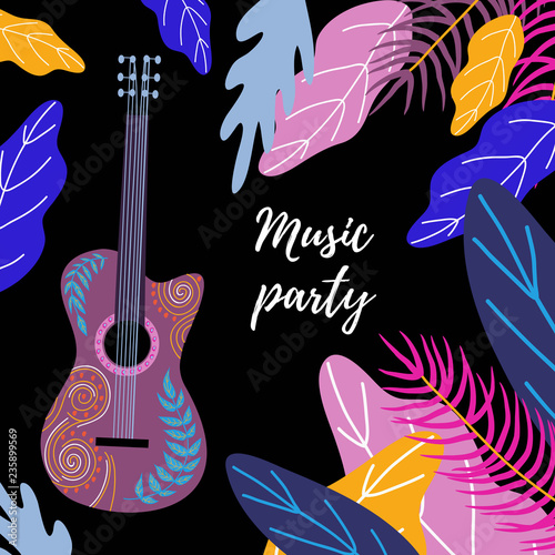 Guitar and Bright tropical leaves with flowers on black background and text. Hand drawing flat doodles vector illustration, template for flyers and cards