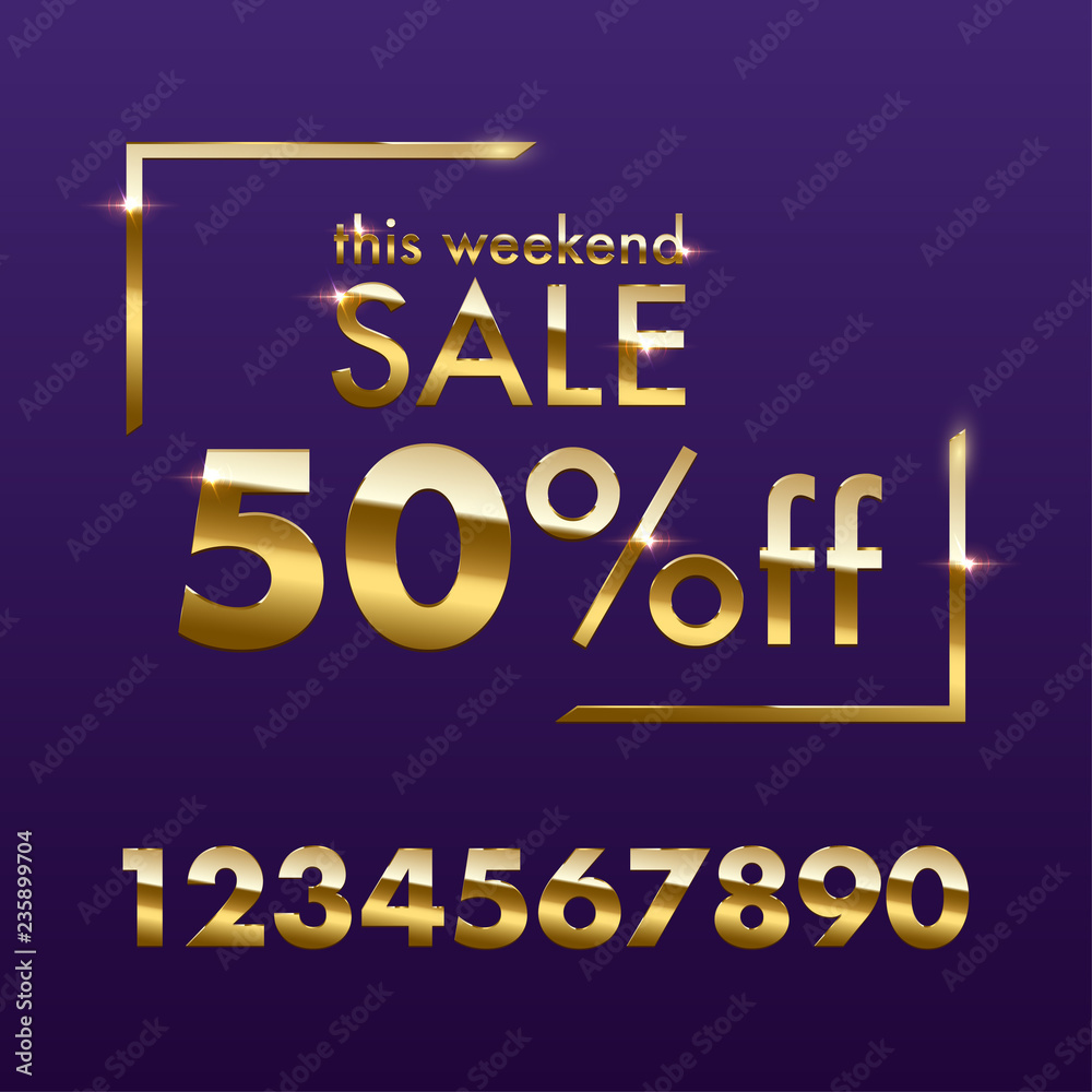 Golden Sale sign template. Vector golden This weekend Sale text with numbers for discount offer isolated on purple background.