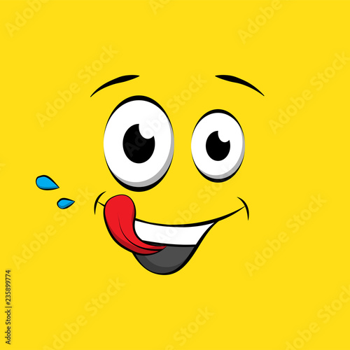 Hungry emoticon or emoji face on yellow background. Yummy yellow smiley in comic book style. Vector emoji tasty icon.