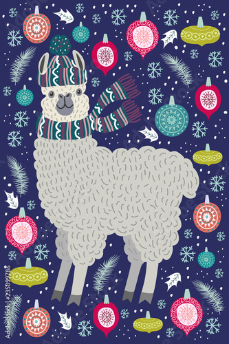 Cute llama surrounded by Christmas tree toys, template for card and your design. Hand drawing flat doodles vector Illustration