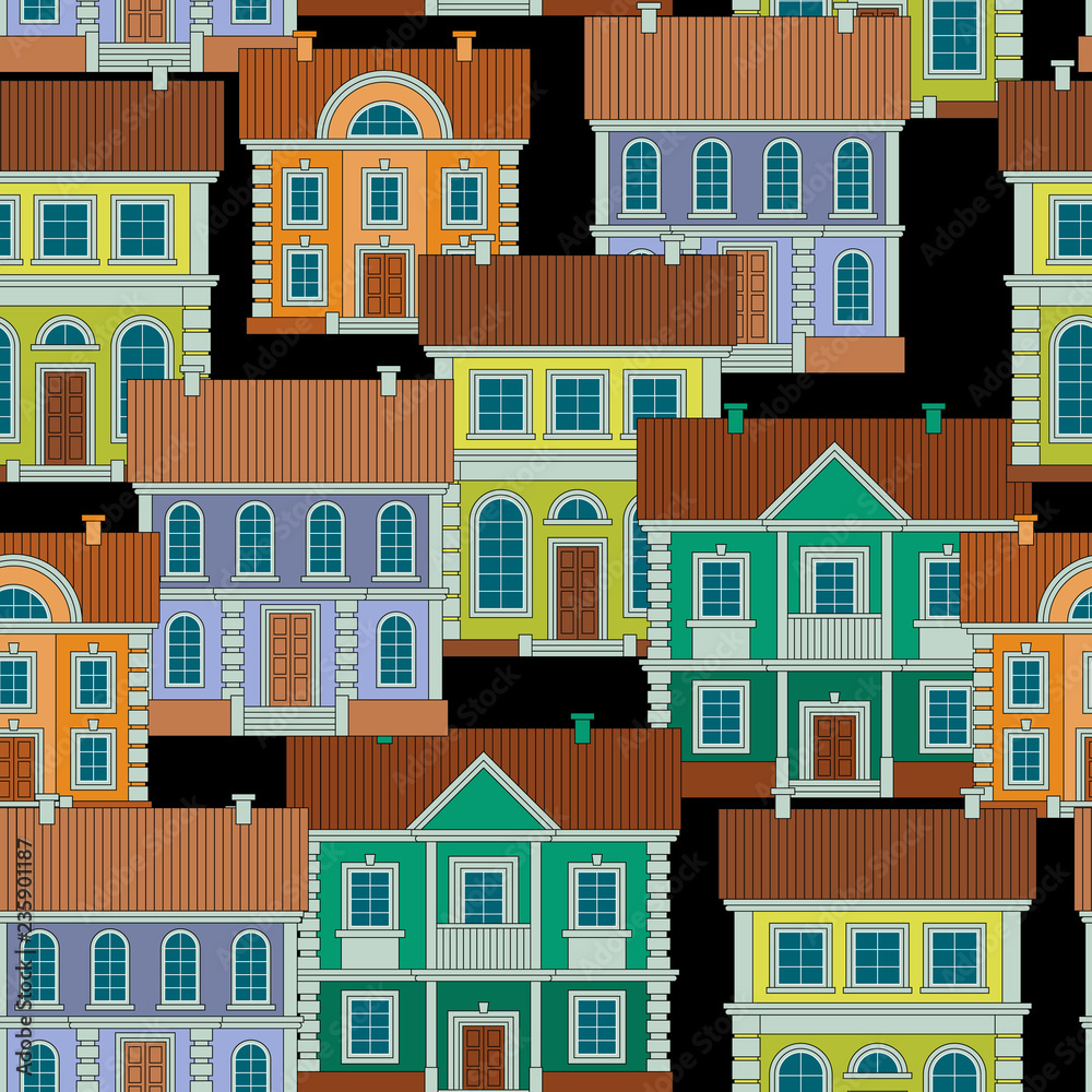Set of Colorful houses. Flat style Vector Seamless Pattern.