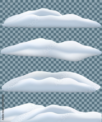 Snowbank set isolated on transparent blue background. Vector winter objects.