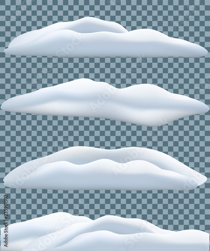 Snowbank set isolated on transparent blue background. Vector winter objects. photo