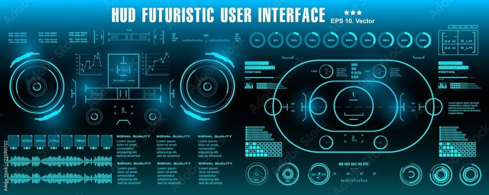 HUD futuristic blue user interface, dashboard display virtual reality technology screen