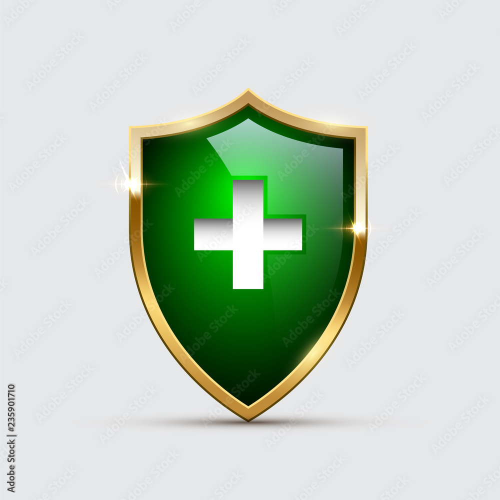 Glass Green Shield with golden frame and White Cross isolated on gray. Vector Health Protection icon.