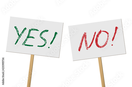 Yes and No signs banners on wood stick collection. Vector protest signs with Yes and No words isolated on white background.