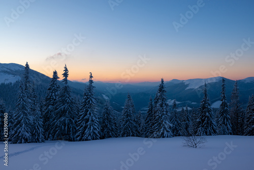 Magic sunrise in the winter mountains after snowfall