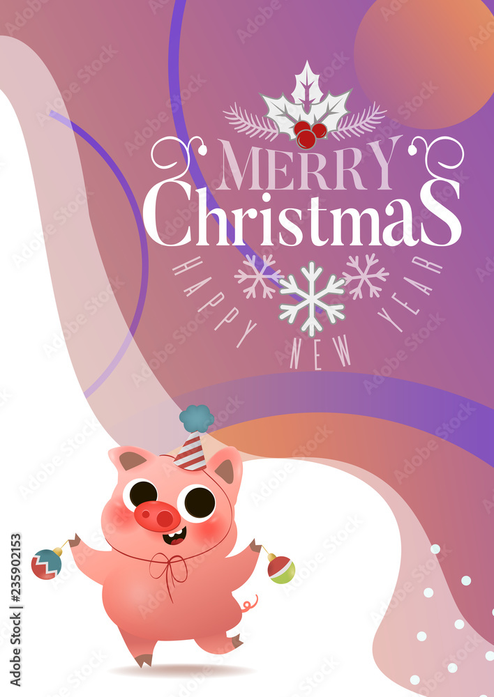 Obraz premium Cartoon cute piggy with Xmas tree toys greeting card
