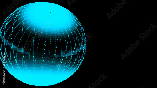 Abstract glossy sphere of blue tint on dark background. Particles. 3D abstract noisy pulsating sphere. 3d rendering.