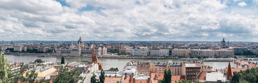 City panorama with Hungarian Parliament, Danube river. Budapest, Hungary