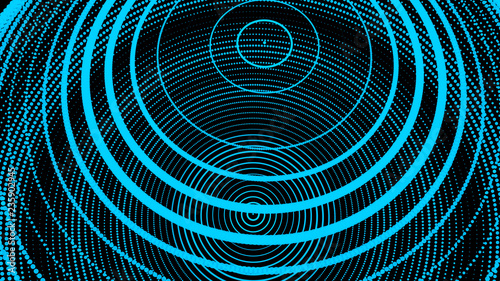 Abstract three-dimensional sphere of blue dots on dark background. Rough wave shape. Partial particles. 3D abstract noisy pulsating sphere. 3d rendering.