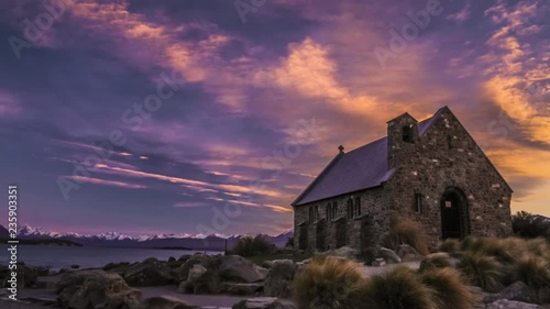 Timelapse video of the iconic church on the bank of beautiful Lake Tekapo just before the sunrise. One of the most visited places in New Zealand and major tourist attraction on the South Island.