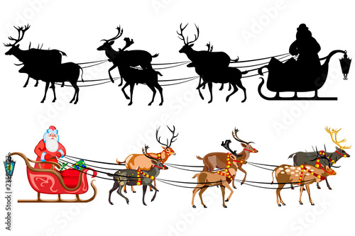 Santa Claus on a sleigh with reindeer, with a handful of gifts. Silhouette of santa claus.