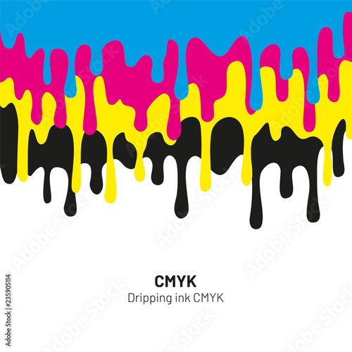 Dripping ink CMYK stain. Liquid ink, paint drip. Vector illustration.