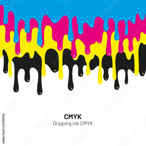 Dripping ink CMYK stain. Liquid ink, paint drip. Vector illustration.