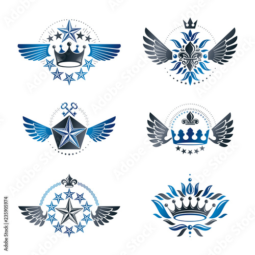 Ancient Crowns and Military Stars emblems set. Heraldic vector design elements collection. Retro style label, heraldry logo.
