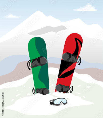 Two snowboards stand in the snowy mountains in the snow with glasses. Flat style illustration