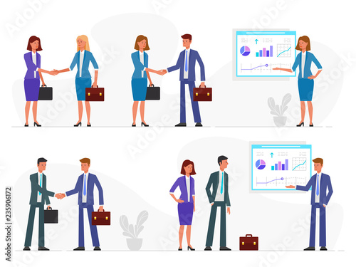 Business characters working in office. People with a handshake. Infographics presentation