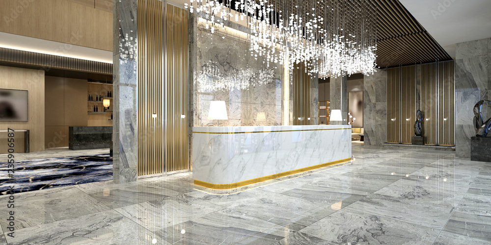 3d render of luxury hotel lobby reception - obrazy, fototapety, plakaty 