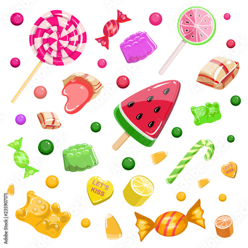 Colorful background with desserts, candies, caramel in beautiful wrapper, marmalade, ice cream, jelly bear, multicolored dragee, lollipop, vector illustration