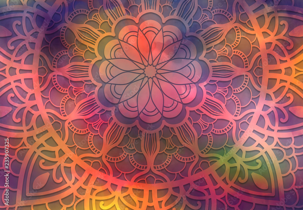 Abstract mandala graphic design and watercolor digital art painting for ancient geometric concept background Abstract mandala graphic design and watercolor digital art painting for ancient geometric concept background