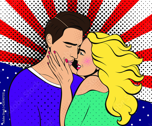 Poster for Valentine's day. Sexy pop art woman with a man. Vector background in comic style retro pop art. Invitation to a party. Face close-up.