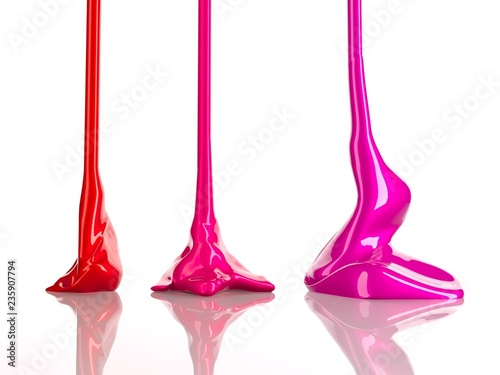 Streaks of multi-colored nail polish or paint in the form of drops on white background. Nail polish dripping. Liquid color paint.