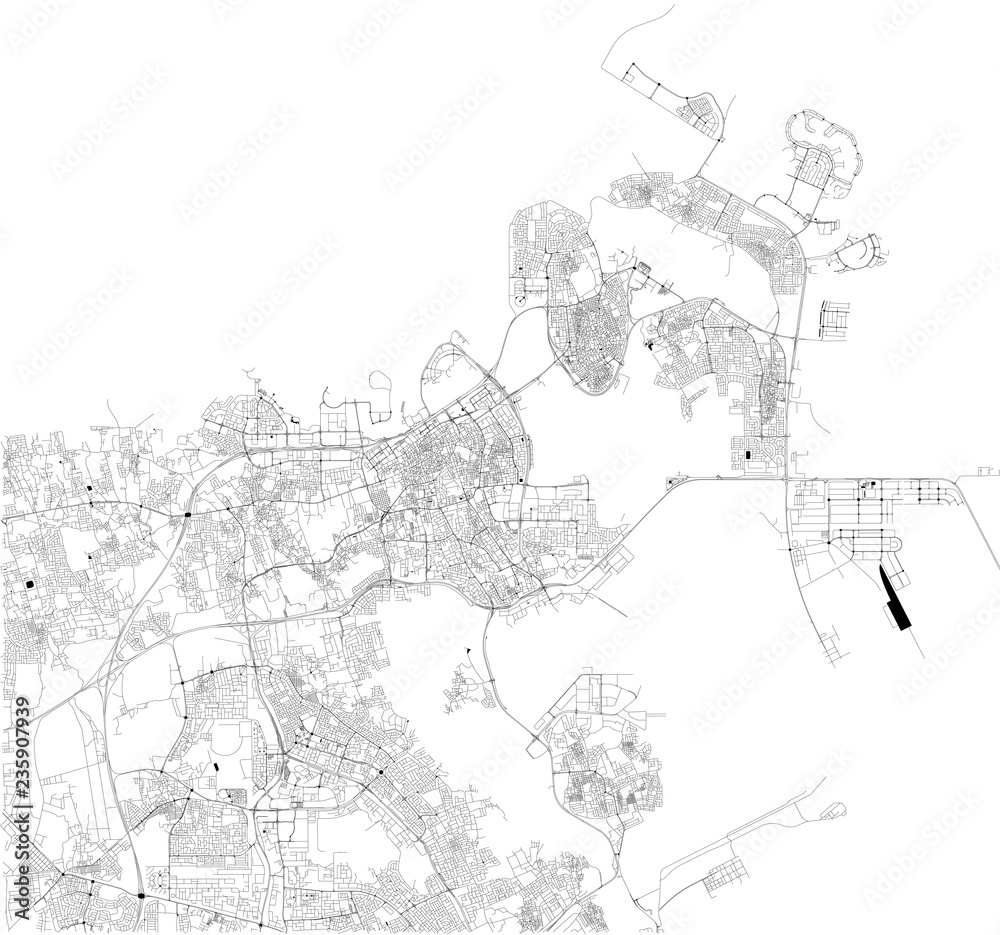 Mappa satellitare di Manama, Bahrain, strade della città. Stradario e mappa del centro città