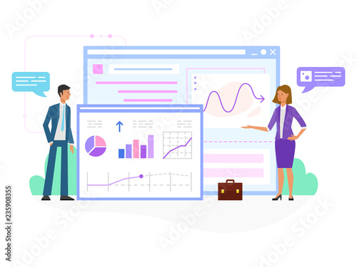 Flat design business people concept with woman and man. Vector illustration concept for web banner, business presentation, advertising material.