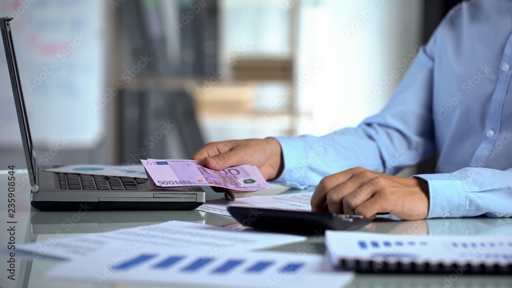 Male counting euro, company income and expenditure, business profit, budget Male counting euro, company income and expenditure, business profit, budget