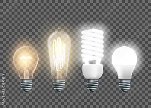 Tungsten, Edison, fluorescent and led light bulbs