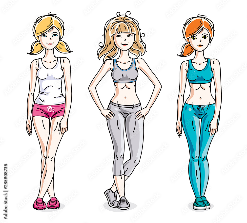 Attractive young women posing wearing stylish sport clothes, sportswoman and fitness people. Vector characters set. Attractive young women posing wearing stylish sport clothes, sportswoman and fitness people. Vector characters set.