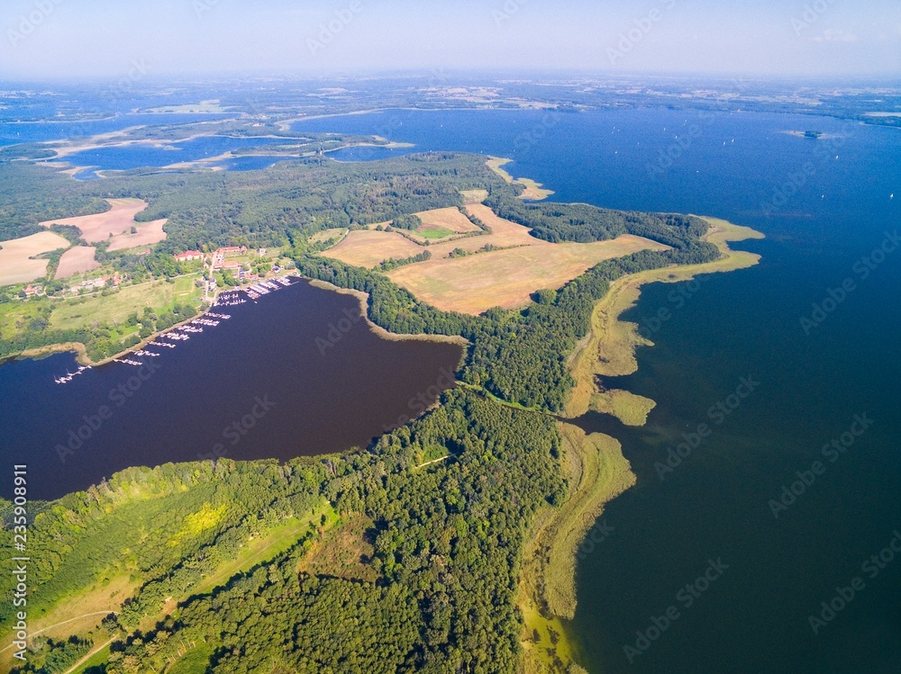 Aerial view of Sztynorckie Lake and yachts moored in marina in Sztynort, Mazury, Poland (former Steinort, East Prussia)