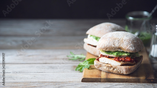 Sandwiches with grilled chicken, dried tomatoes, mozarella and pesto sauce.