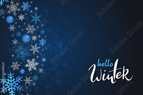 Vector illustration of winter banner template with hand lettering label - hello, winter - with snowflakes