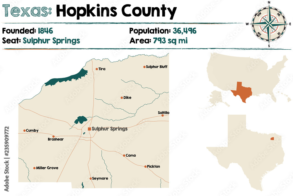 Detailed map of Hopkins County in Texas, USA