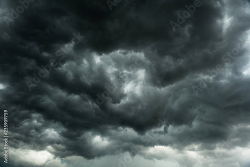 Quadro em tela Dramatic black clouds before rainy, Motion heavy storm and dark sky in summe, Ba