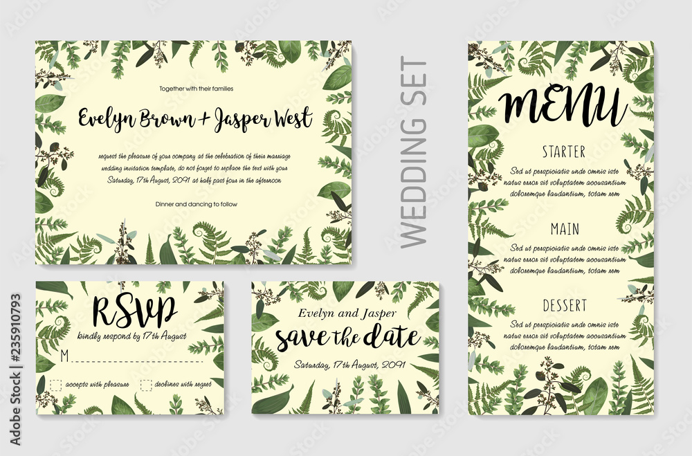 Wedding invite, invitation menu rsvp thank you card vector floral greenery design: Forest fern frond, Eucalyptus and boxwood branch green leaves foliage frame border. Watercolor set Wedding invite, invitation menu rsvp thank you card vector floral greenery design: Forest fern frond, Eucalyptus and boxwood branch green leaves foliage frame border. Watercolor set