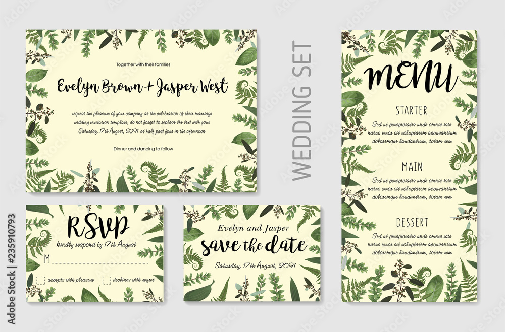 Wedding invite, invitation menu rsvp thank you card vector floral greenery design: Forest fern frond, Eucalyptus and boxwood branch green leaves foliage frame border. Watercolor set