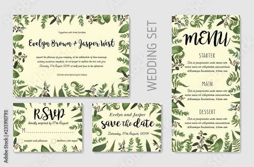 Wedding invite, invitation menu rsvp thank you card vector floral greenery design: Forest fern frond, Eucalyptus and boxwood branch green leaves foliage frame border. Watercolor set