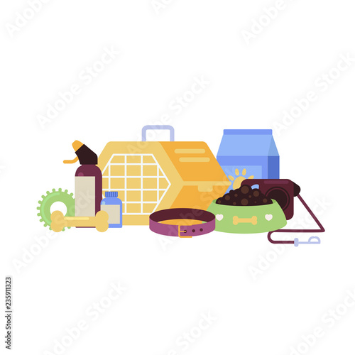 Goods for pets flat vector set.