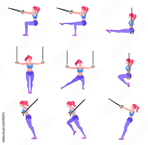 Set of woman doing different exercises with gymnastic rings TRX, sporty slender girl workout with sport equipment in air, vector illustration in flat style