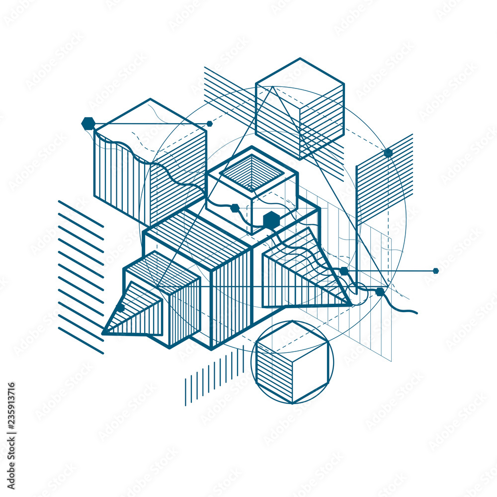 Isometric abstract background with linear dimensional shapes, vector 3d mesh elements. Composition of cubes, hexagons, squares, rectangles and different abstract elements.