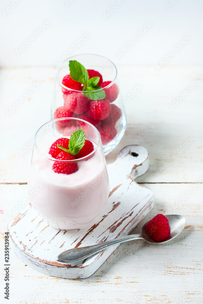 Yogurt smoothie with raspberries, fruit dessert, healthy dieting concept Natural detox. Yogurt smoothie with raspberries, fruit dessert, healthy dieting concept Natural detox.