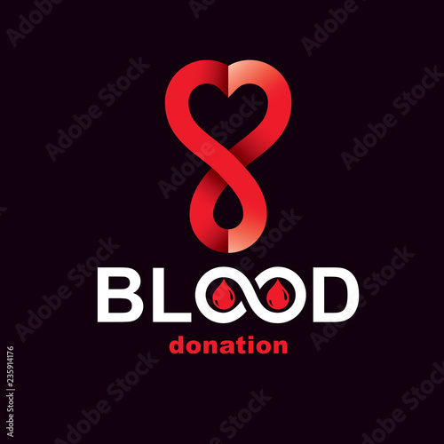 Blood donation inscription isolated on white and created with vector red blood drops, heart shape and infinity symbol. Medical theme graphic logo for use in charitable organizations.