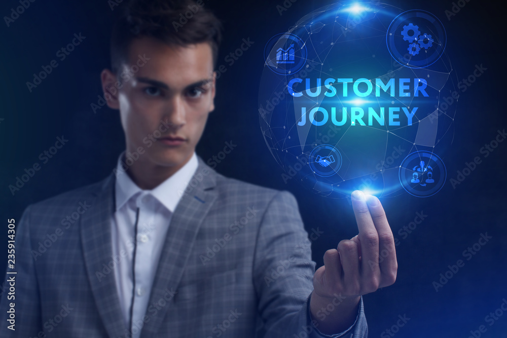 The concept of business, technology, the Internet and the network. A young entrepreneur working on a virtual screen of the future and sees the inscription: Customer journey The concept of business, technology, the Internet and the network. A young entrepreneur working on a virtual screen of the future and sees the inscription: Customer journey