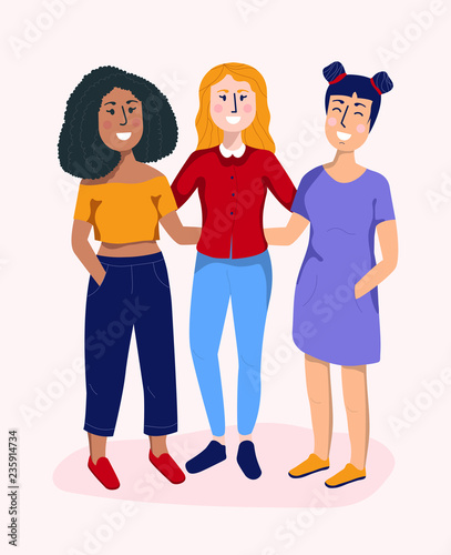 Beautiful smiling young women. Female friendship and girl squad concept. Colored vector illustration for web, print, textile, stickers.